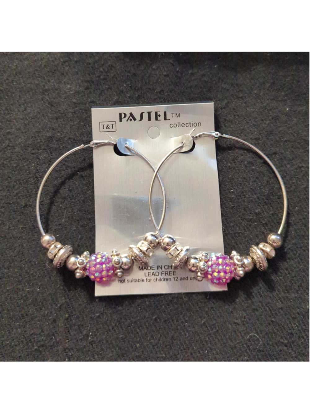 Pastel Collection Silver Tone Pink Rhinestone Beaded Hoop Statement Earrings